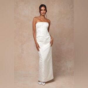 Melva White Satin Jacquard Two-Piece Bustier Maxi Dress